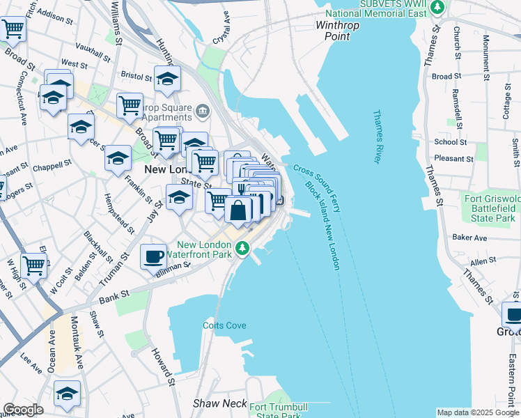 map of restaurants, bars, coffee shops, grocery stores, and more near 47 Bank Street in New London