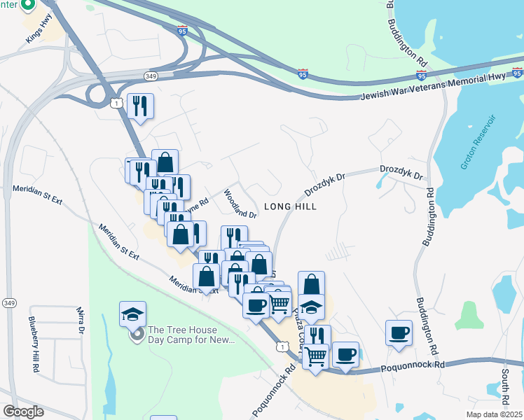 map of restaurants, bars, coffee shops, grocery stores, and more near 60 Woodland Drive East in Groton