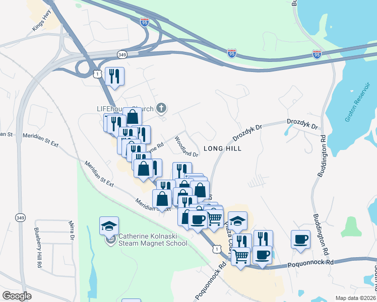 map of restaurants, bars, coffee shops, grocery stores, and more near 13 Woodland Drive in Groton