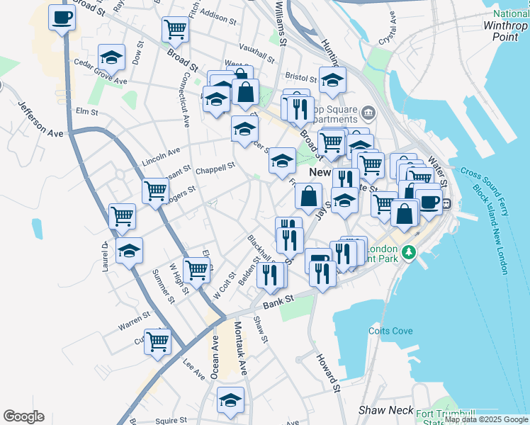 map of restaurants, bars, coffee shops, grocery stores, and more near 46 Hempstead Street in New London