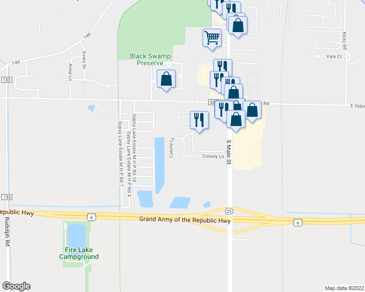 map of restaurants, bars, coffee shops, grocery stores, and more near 360 Colony Lane in Bowling Green