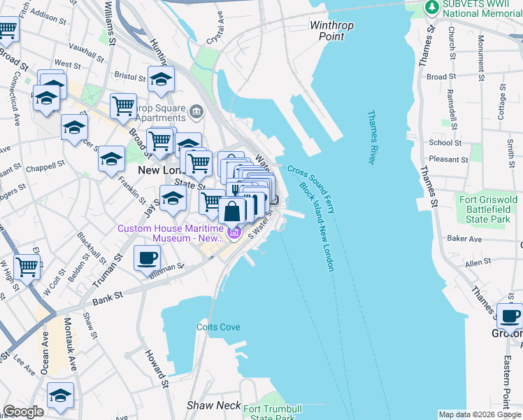 map of restaurants, bars, coffee shops, grocery stores, and more near 16 Bank Street in New London