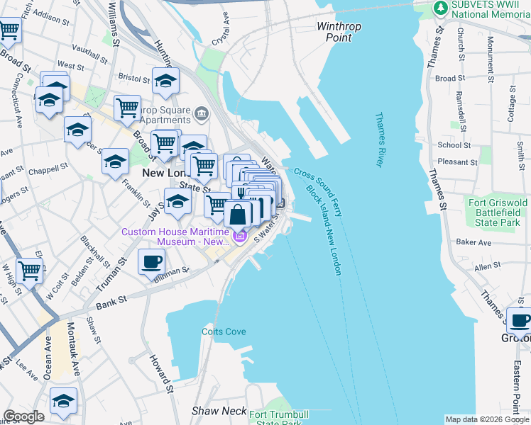 map of restaurants, bars, coffee shops, grocery stores, and more near 14 Bank Street in New London