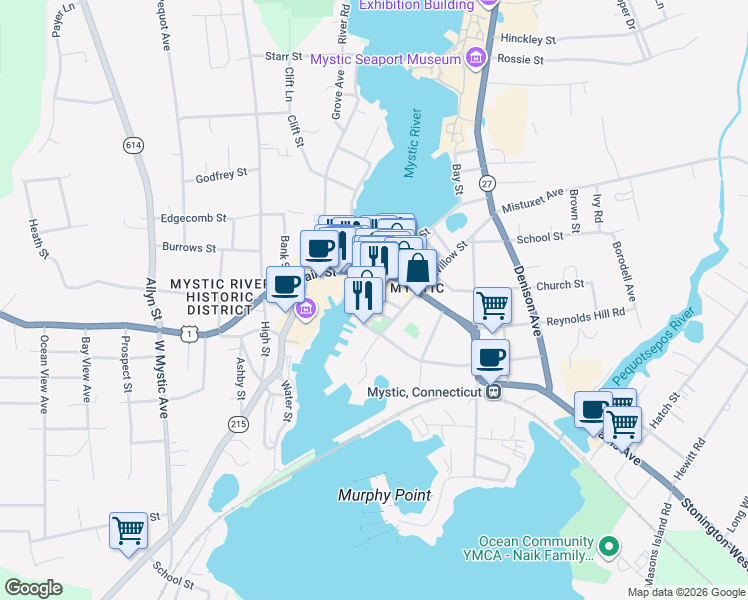 map of restaurants, bars, coffee shops, grocery stores, and more near 6 Haley Street in Stonington
