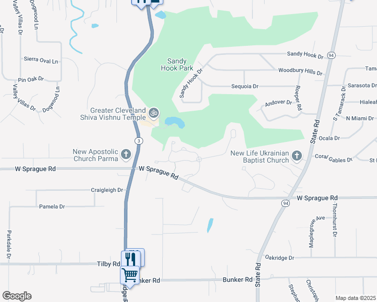 map of restaurants, bars, coffee shops, grocery stores, and more near Grove Lane in Parma
