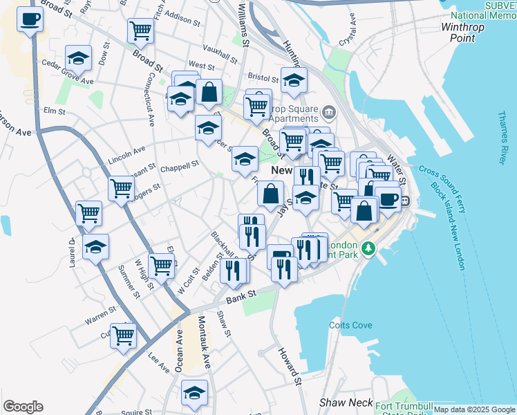 map of restaurants, bars, coffee shops, grocery stores, and more near 16 Hempstead Court in New London
