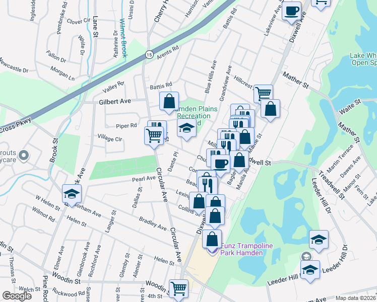map of restaurants, bars, coffee shops, grocery stores, and more near 68 Church Street in Hamden