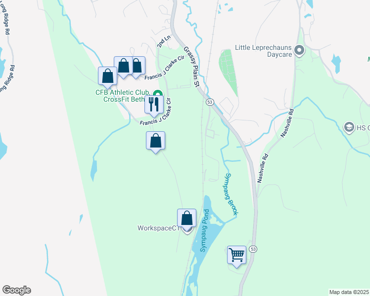 map of restaurants, bars, coffee shops, grocery stores, and more near 6 Trowbridge Dr in Bethel