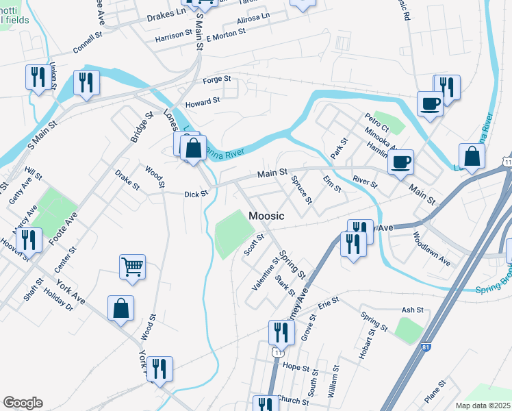 map of restaurants, bars, coffee shops, grocery stores, and more near 214 Spring Street in Moosic