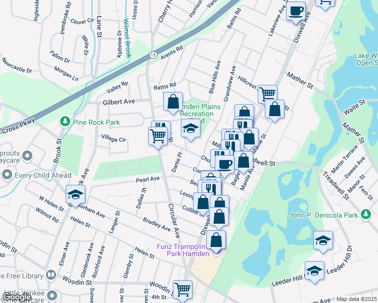 map of restaurants, bars, coffee shops, grocery stores, and more near Church Street in Hamden