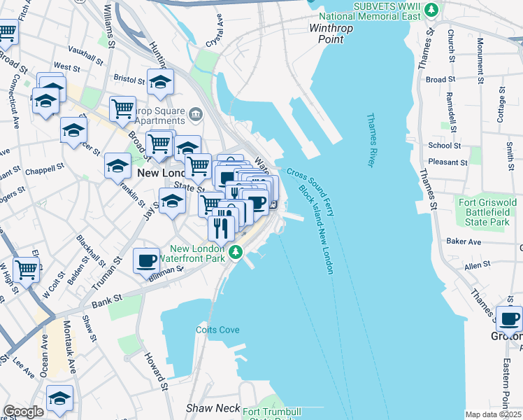 map of restaurants, bars, coffee shops, grocery stores, and more near 47 Bank Street in New London