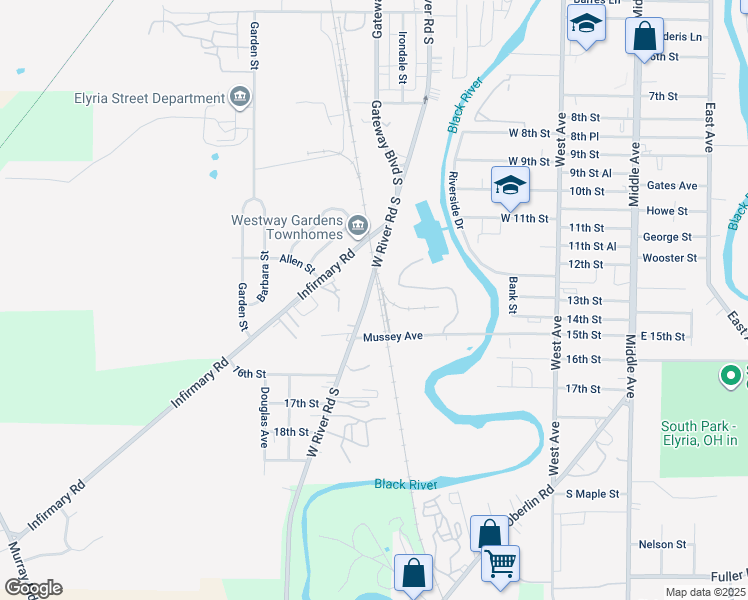 map of restaurants, bars, coffee shops, grocery stores, and more near 7495 West River Road South in Elyria