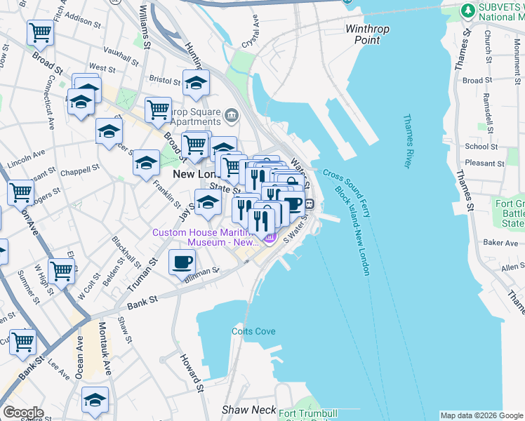 map of restaurants, bars, coffee shops, grocery stores, and more near 86 Golden Street in New London