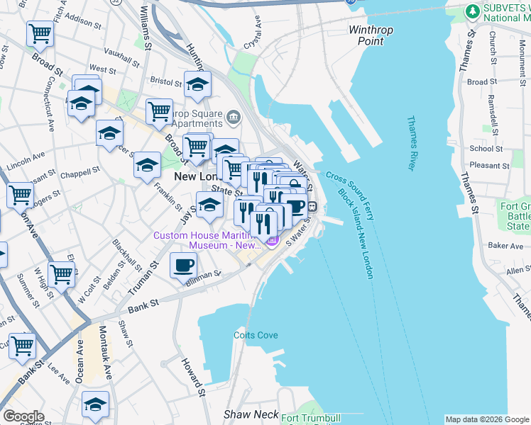 map of restaurants, bars, coffee shops, grocery stores, and more near 86 Golden Street in New London