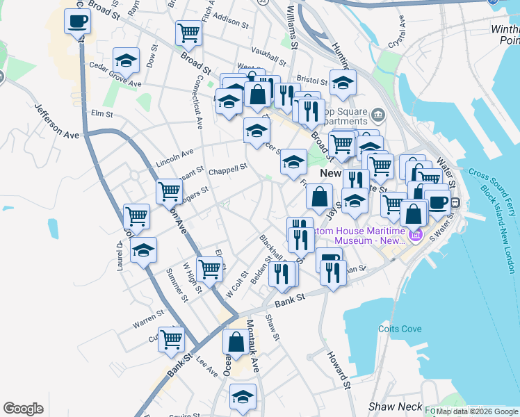 map of restaurants, bars, coffee shops, grocery stores, and more near 7 Bishop Court in New London