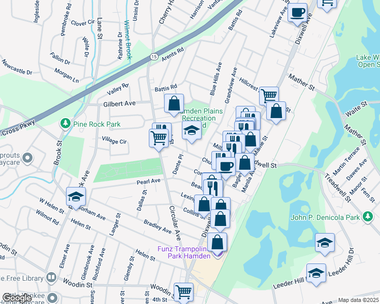 map of restaurants, bars, coffee shops, grocery stores, and more near 48 Dante Place in Hamden