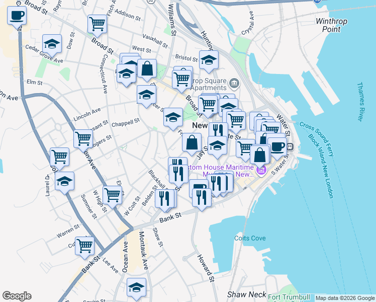 map of restaurants, bars, coffee shops, grocery stores, and more near 16 Hempstead Court in New London