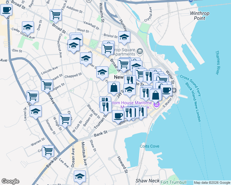 map of restaurants, bars, coffee shops, grocery stores, and more near 10 Franklin Street in New London
