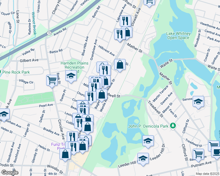 map of restaurants, bars, coffee shops, grocery stores, and more near 392 Treadwell Street in Hamden