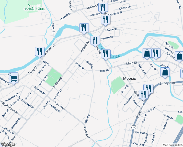 map of restaurants, bars, coffee shops, grocery stores, and more near 1021 Wood Street in Old Forge
