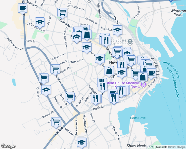 map of restaurants, bars, coffee shops, grocery stores, and more near 46 Hempstead Street in New London