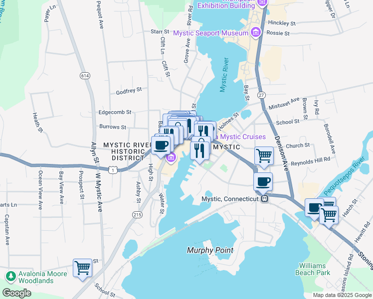 map of restaurants, bars, coffee shops, grocery stores, and more near 43 Steamboat Wharf in Groton
