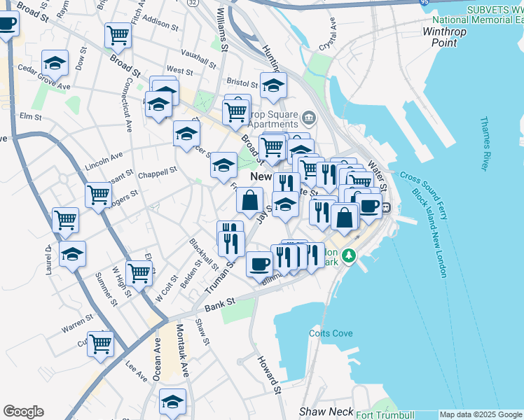 map of restaurants, bars, coffee shops, grocery stores, and more near 42 Jay Street in New London