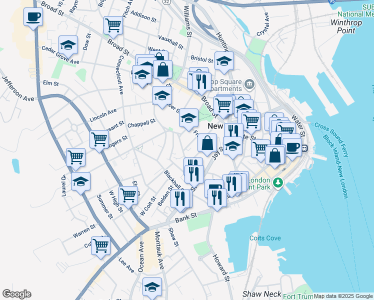map of restaurants, bars, coffee shops, grocery stores, and more near 46 Hempstead Street in New London