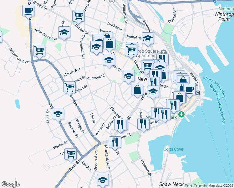 map of restaurants, bars, coffee shops, grocery stores, and more near 46 Hempstead Street in New London
