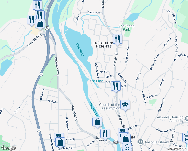 map of restaurants, bars, coffee shops, grocery stores, and more near 34 North 4th Street in Ansonia