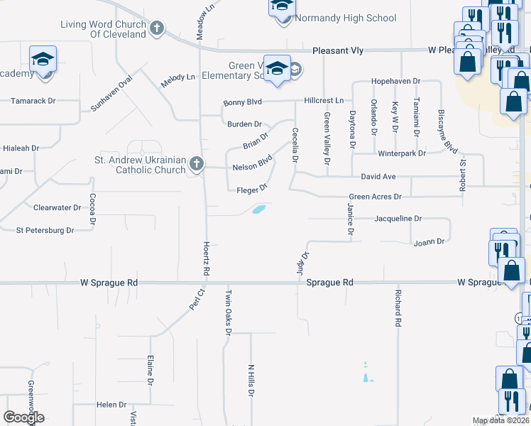 map of restaurants, bars, coffee shops, grocery stores, and more near 7799 Hoertz Road in Parma