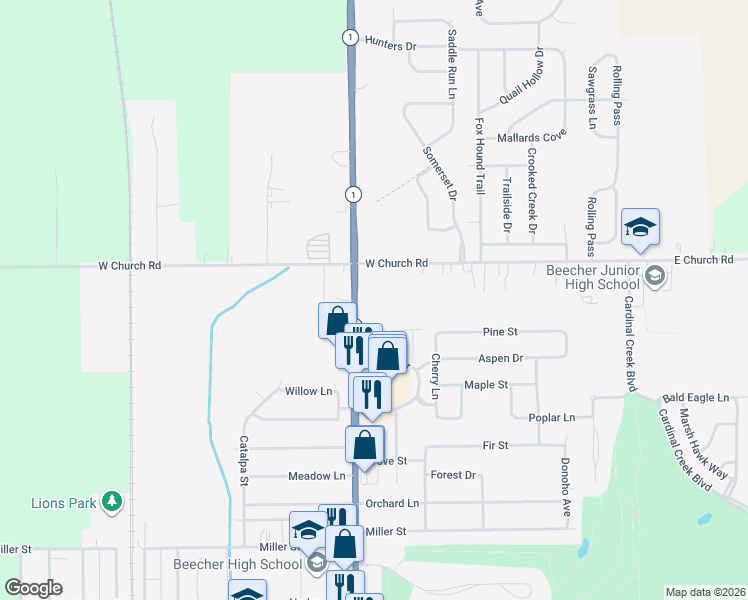 map of restaurants, bars, coffee shops, grocery stores, and more near 1184 Dixie Highway in Beecher