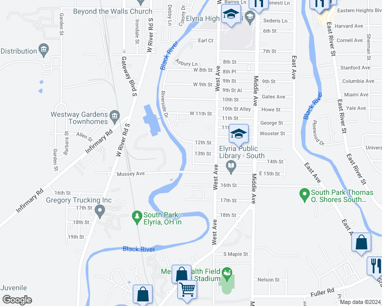 map of restaurants, bars, coffee shops, grocery stores, and more near 1301 Bank Street in Elyria