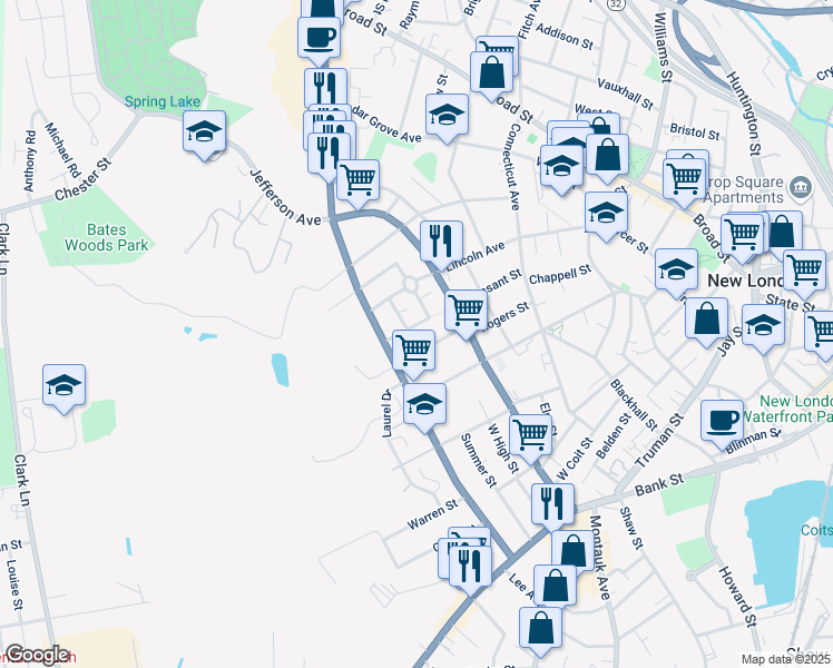map of restaurants, bars, coffee shops, grocery stores, and more near 40 Walden Avenue in New London