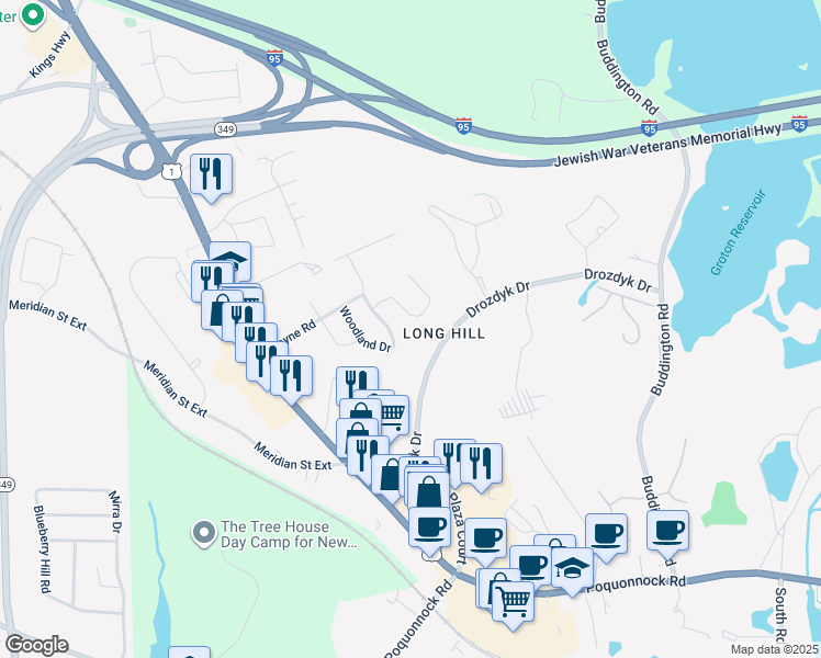 map of restaurants, bars, coffee shops, grocery stores, and more near 60 Woodland Drive East in Groton