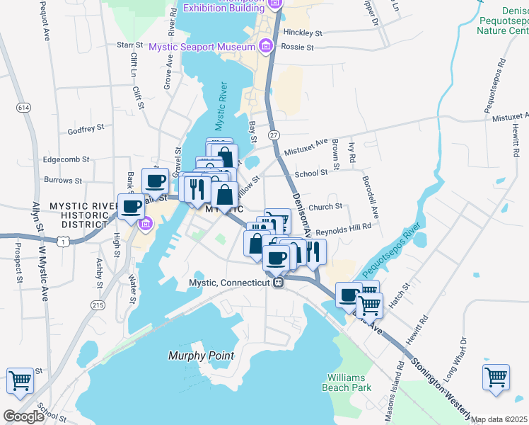 map of restaurants, bars, coffee shops, grocery stores, and more near Church Street in Stonington