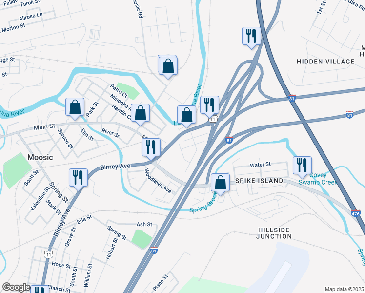 map of restaurants, bars, coffee shops, grocery stores, and more near 22 Short St in Moosic