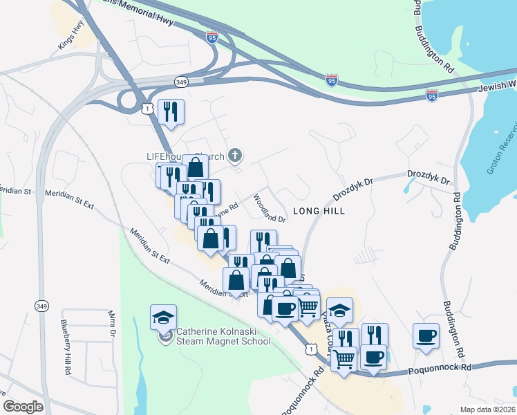 map of restaurants, bars, coffee shops, grocery stores, and more near 5 Woodland Drive in Groton