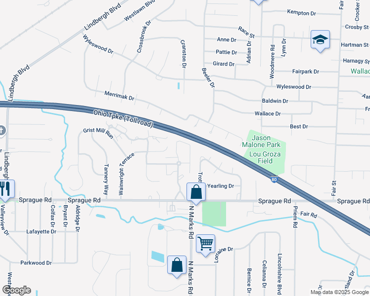 map of restaurants, bars, coffee shops, grocery stores, and more near 23003 Douglas Lane in Olmsted Falls