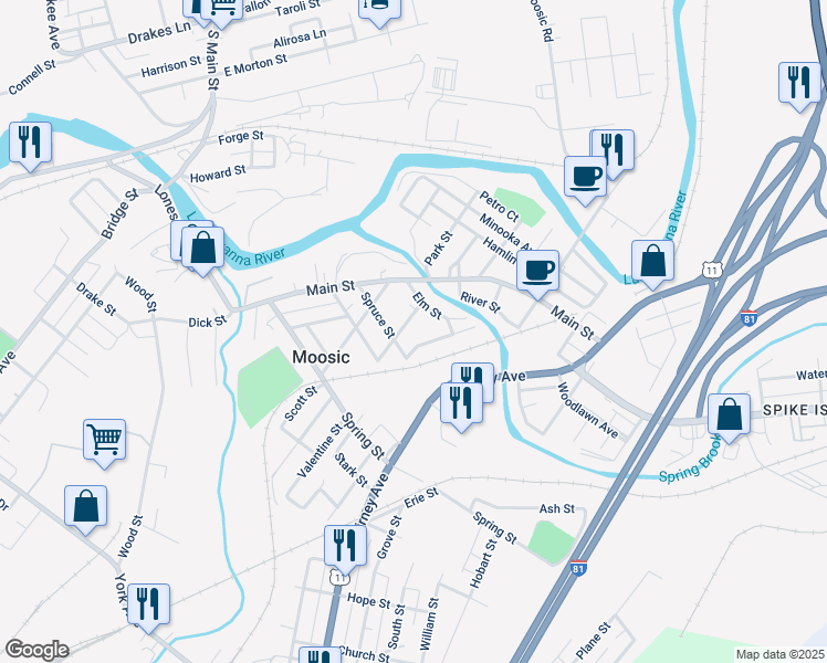 map of restaurants, bars, coffee shops, grocery stores, and more near 400-416 Spruce St in Moosic