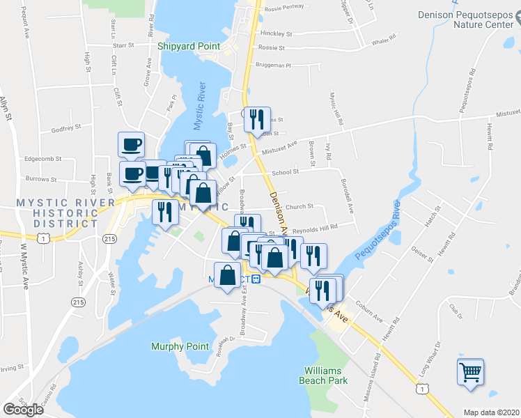 map of restaurants, bars, coffee shops, grocery stores, and more near 35 Church Street in Stonington