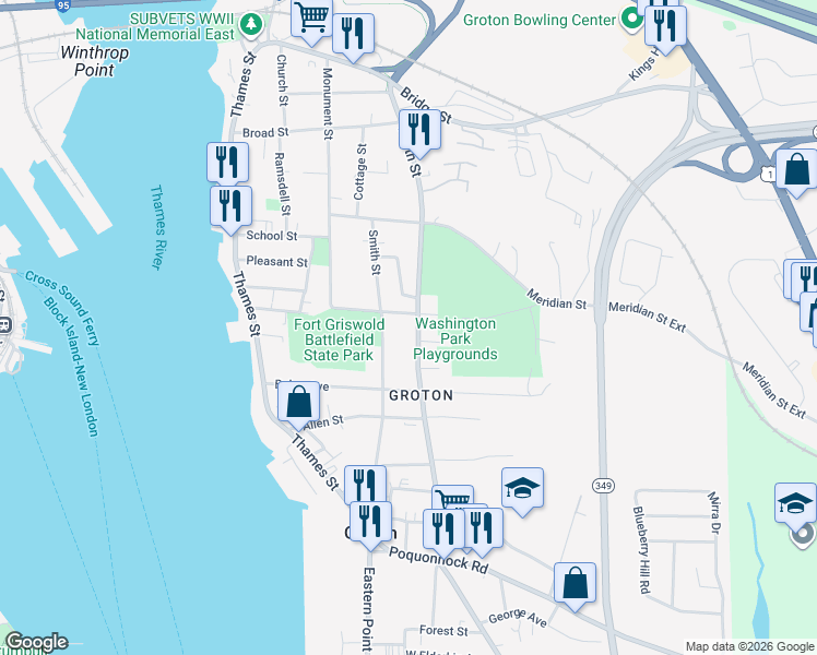 map of restaurants, bars, coffee shops, grocery stores, and more near 136 Mitchell Street in Groton