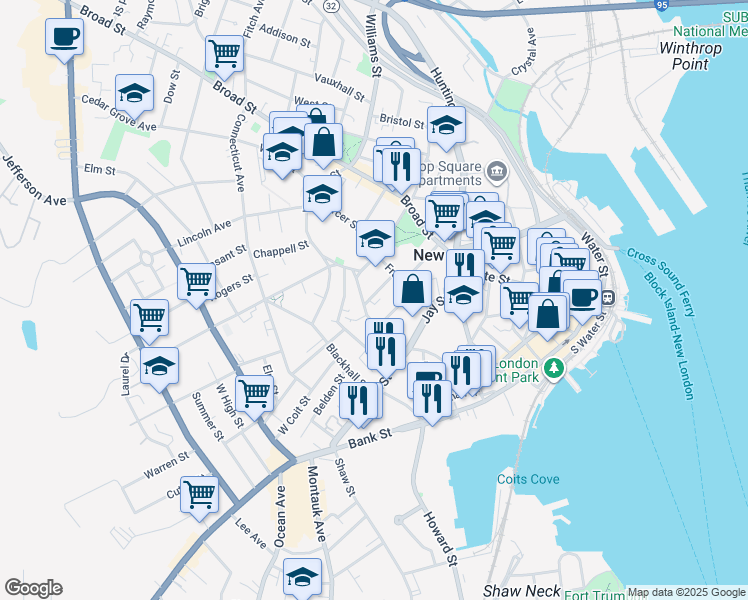 map of restaurants, bars, coffee shops, grocery stores, and more near 46 Hempstead Street in New London