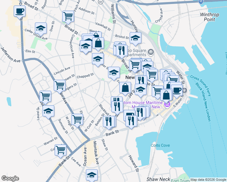 map of restaurants, bars, coffee shops, grocery stores, and more near 46 Hempstead Street in New London
