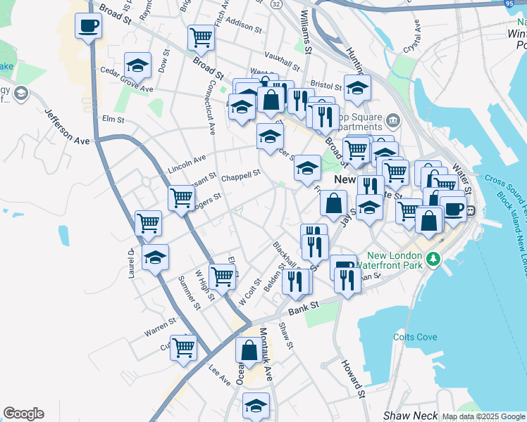 map of restaurants, bars, coffee shops, grocery stores, and more near 7 Bishop Court in New London