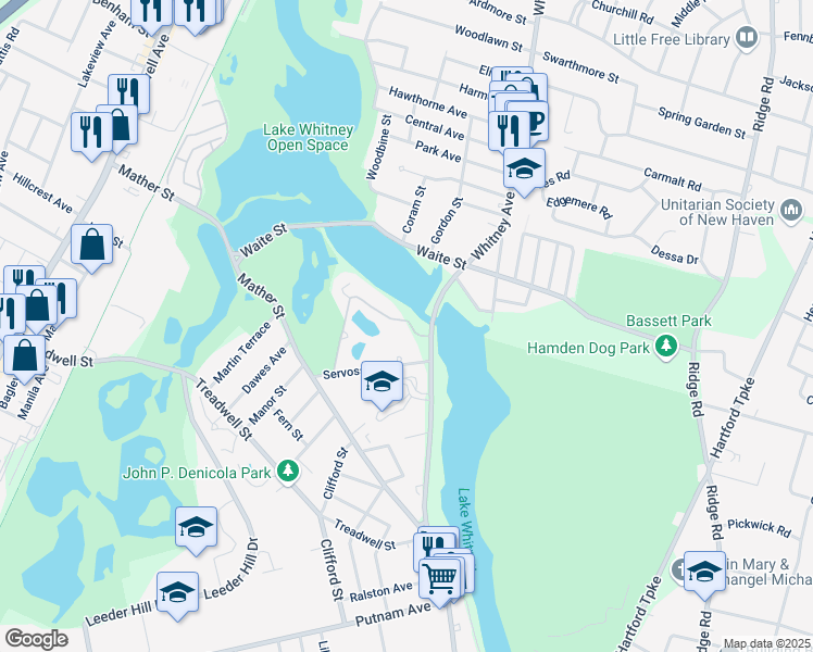 map of restaurants, bars, coffee shops, grocery stores, and more near 1460 Whitney Avenue in Hamden