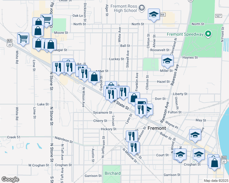 map of restaurants, bars, coffee shops, grocery stores, and more near Alger St in Fremont