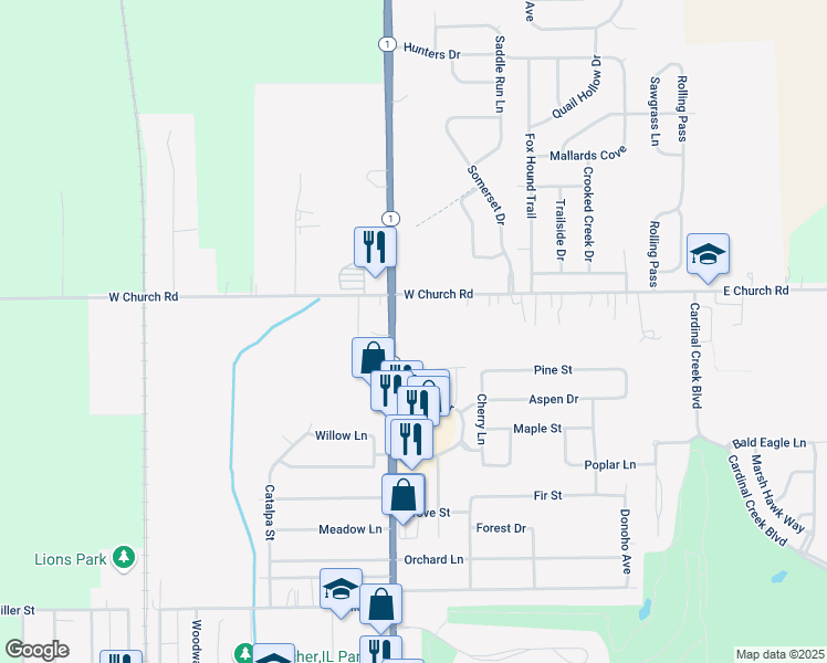 map of restaurants, bars, coffee shops, grocery stores, and more near 1184 Dixie Highway in Beecher