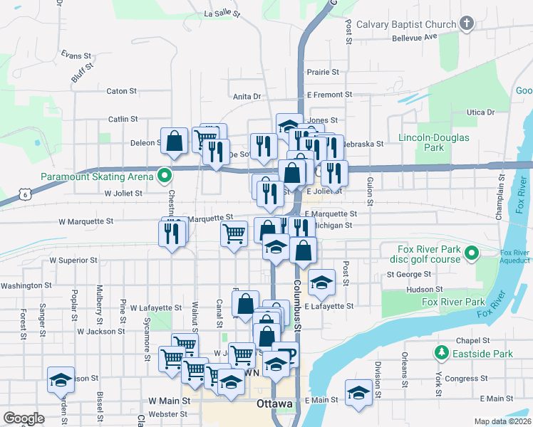 map of restaurants, bars, coffee shops, grocery stores, and more near 1228 West Main Street in Ottawa