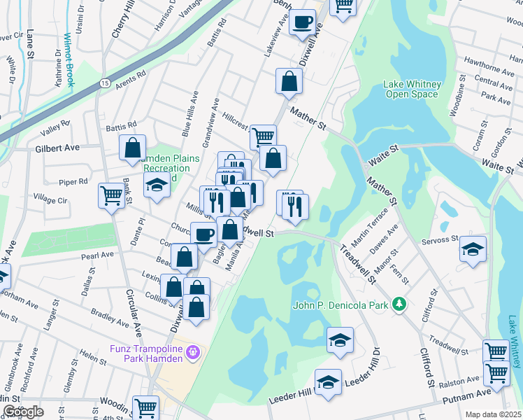 map of restaurants, bars, coffee shops, grocery stores, and more near Farmington Canal Heritage Trail in Hamden